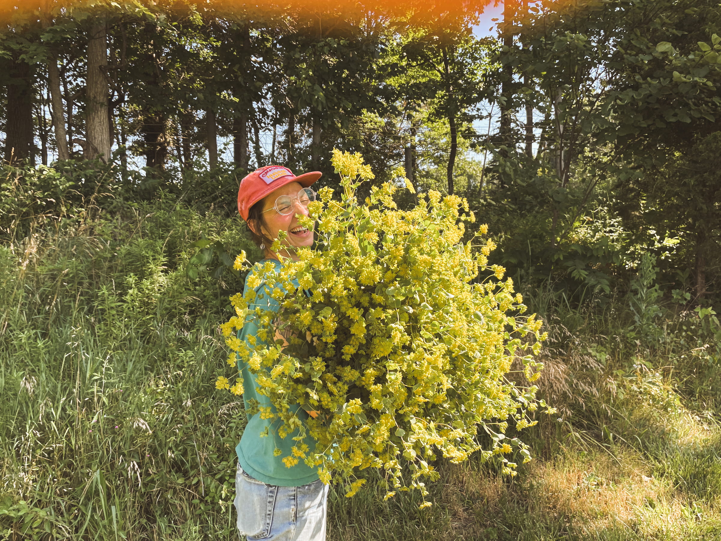 Abby cutting bunches of flowers in the field.
